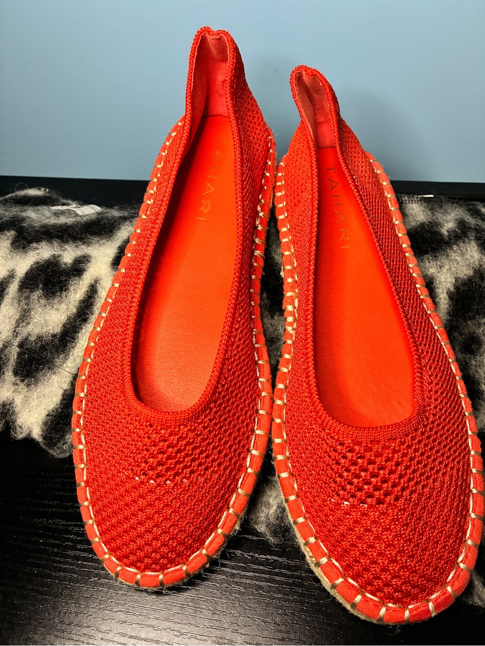 Tahari Orange Red Knit Espadrille Flats